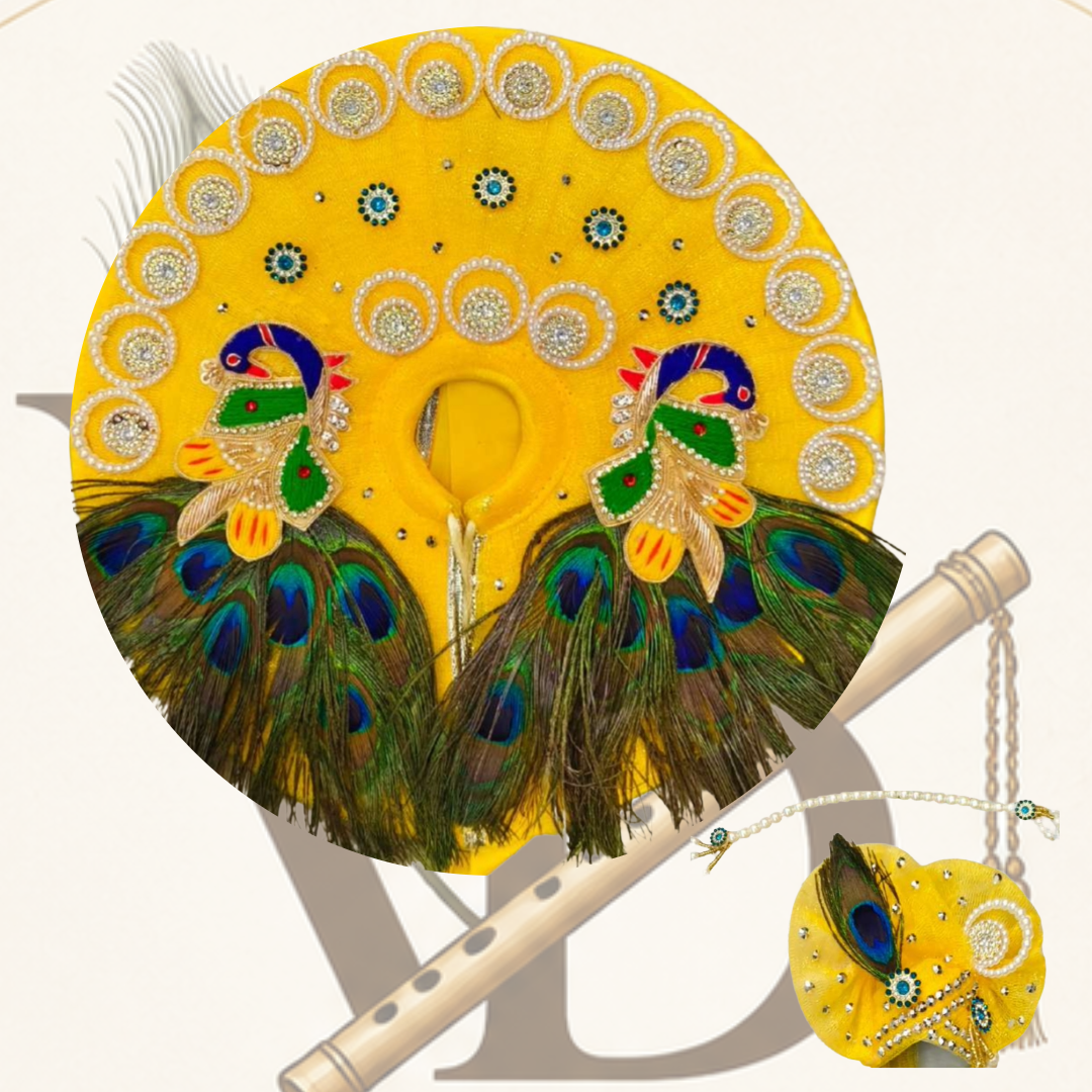 Laddu Gopal Ji Premium Yellow Embroidered Mor WIth Morpankh Design Dress with Mukut and Latkan