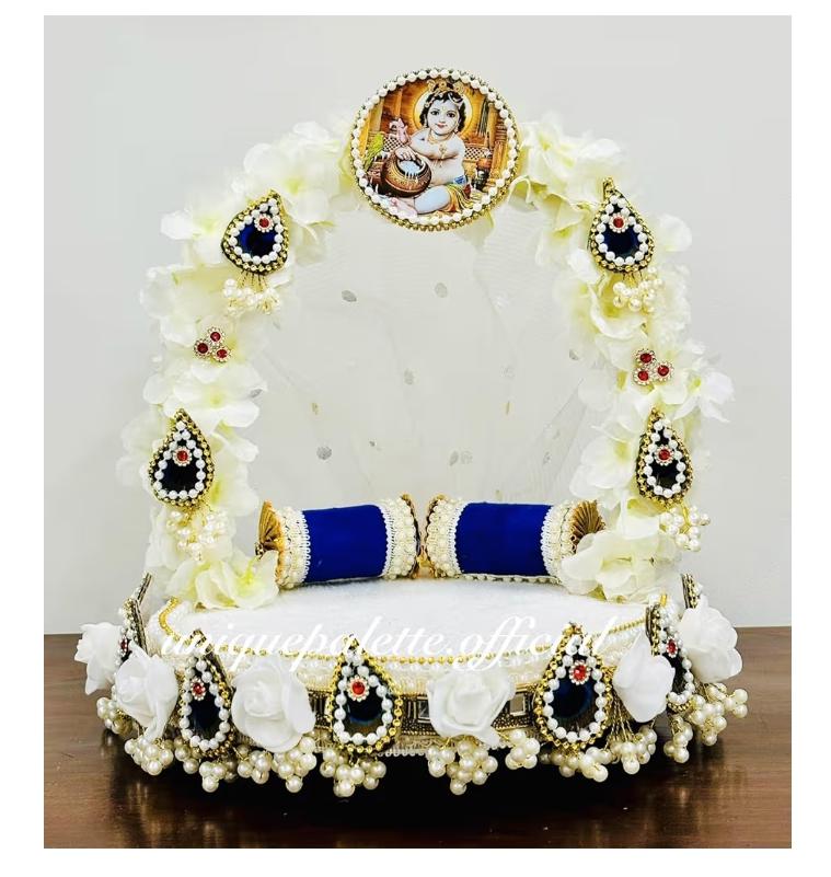 Chandraneel Pearl Laddu Gopal Ji Singhasan(Sofa) with Blue Pillow and White Flower Designs