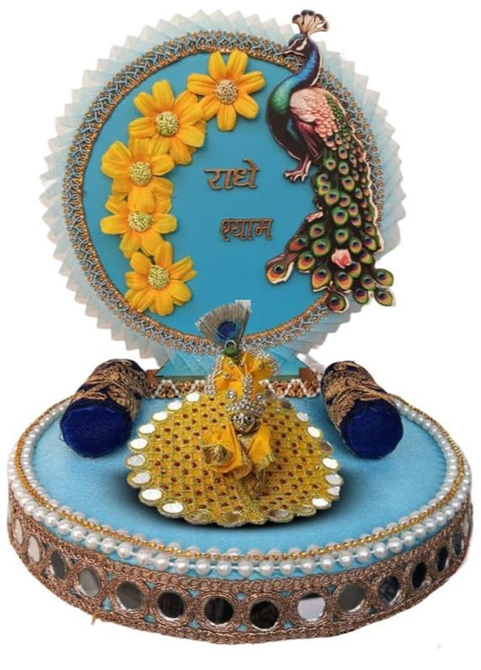 Premium Laddu Gopal Ji Singhasan (Sofa) with Peacock Design With 2 Lotan and Mirror Design