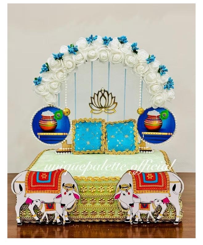 Laddu Gopal Ji White Blue Singhasan Sofa With 2 Pillow and Elegant Flower Designs