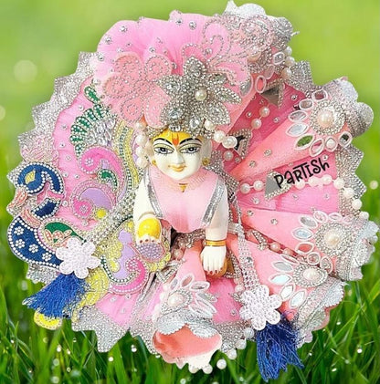 Premium Laddu Gopal Ji Pink Embroidered Mor Designed Dress with Mukut