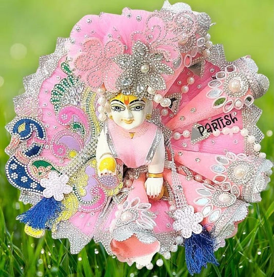 Premium Laddu Gopal Ji Pink Embroidered Mor Designed Dress with Mukut