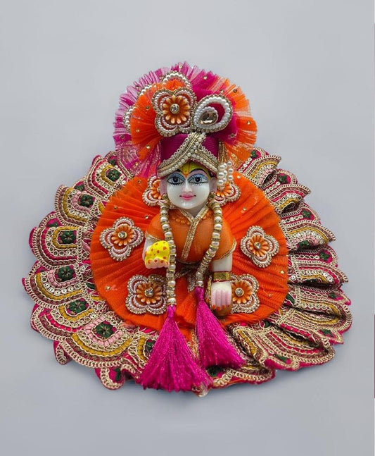 Premium Laddu Gopal Ji Traditional Embroidery Designed Dress with Mukut and Latkan in Orange Color
