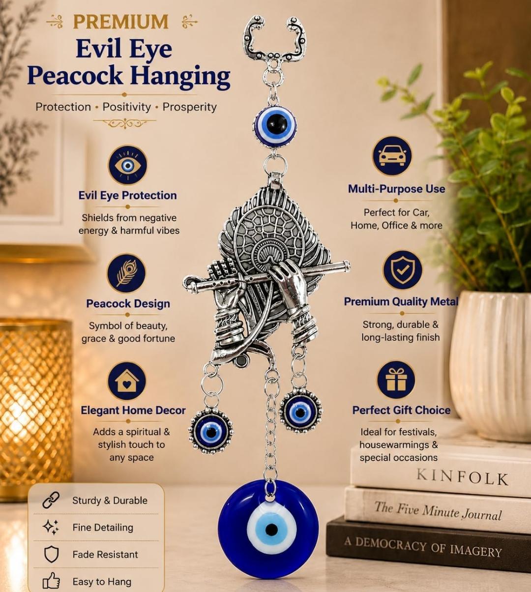 Premium Evil Eye Morpankh and Shree Krishna Flute Design Wall Hanging