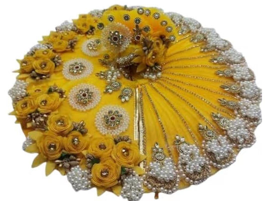 Laddu Gopal Ji Premium Yellow Embroidered Flower Design Dress With Mukut