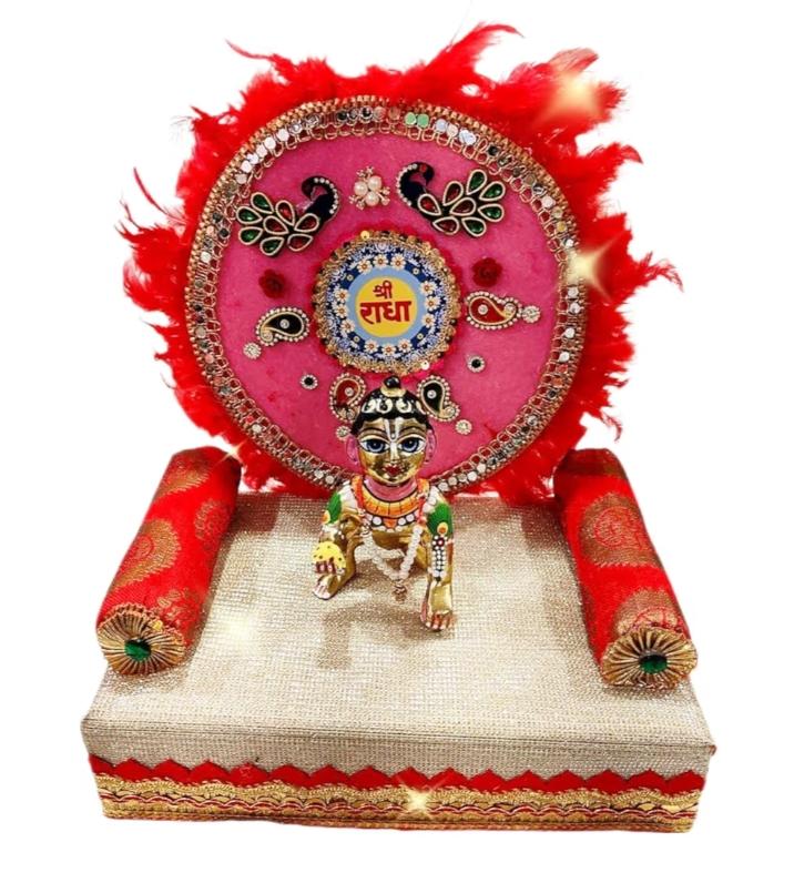 Laddu Gopal Ji Shree Radha Naam Singhasan (Sofa) With Red Lotan and Furr Embroidery Design