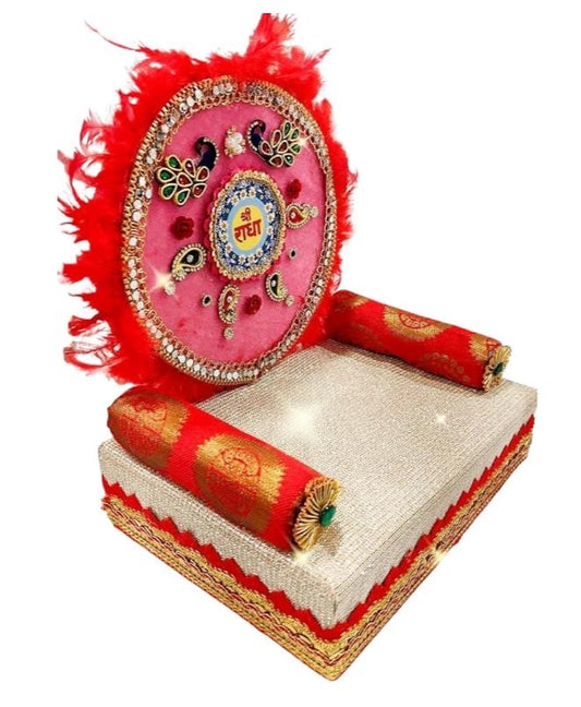 Laddu Gopal Ji Shree Radha Naam Singhasan (Sofa) With Red Lotan and Furr Embroidery Design